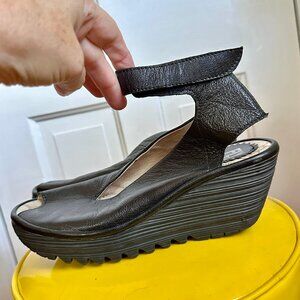 Fly London Black Wedge Ankle Strap Sandals Size 39